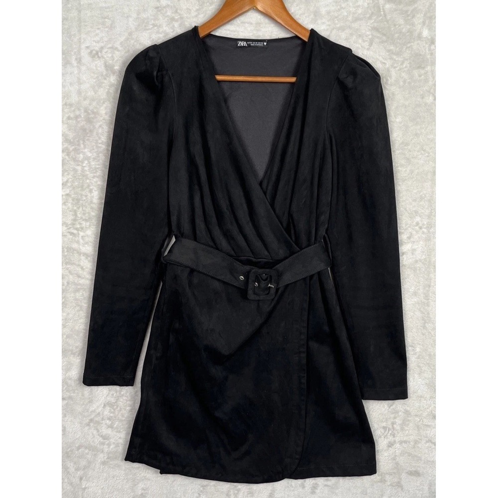 Zara Black Wrap Faux Suede Dress Jacket Belt XS Vamp Goth Mini Grunge Matrix